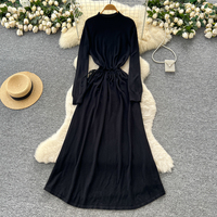 Robe midi décontractée pour femme, en maille à manches longues, coupe trapèze, avec cordon de serrage à la taille, col montant, ample et élégante, pour le quotidien