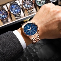 Montre chronographe pour homme POEDAGAR, cadran bleu, phase de lune, date, bracelet en acier inoxydable, montre-bracelet à quartz étanche pour affaires