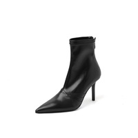 Nouvelles bottines fines à talons fins en cuir de vachette avec doublure en peau de mouton, fermeture éclair, bout pointu, pour l'automne et l'hiver