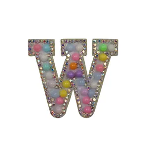 Hot-selling W pearl patch pearl iron on patches rainbow W rhinestone iron on patch