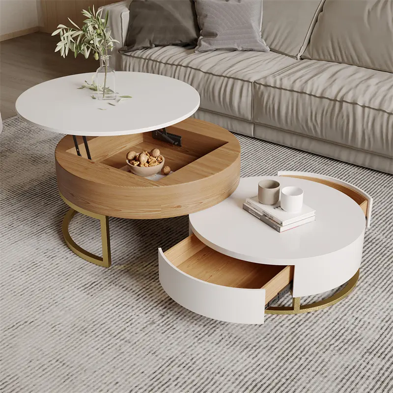 Lift-Top Round Coffee Table Set of 2 with 2 Pinewood Drawers