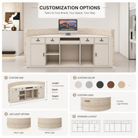 Comptoir de réception demi-cercle en travertin texturé avec éclairage LED intégré, logo personnalisé en relief, idéal pour spa, boutique ou hall d'accueil