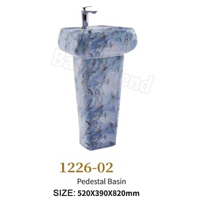 Ensemble de salle de bain en céramique imprimée effet marbre avec décor bord doré, <span class=keywords><strong>WC</strong></span> <span class=keywords><strong>suspendu</strong></span>, lavabo sur colonne intégré - Product Image 5