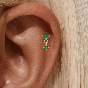 Gold Flat Back Natural Green Chalcedony S925 <b>Sterling</b> <b>Silver</b> Piercing <b>Stud</b> <b>Earring</b> - Product Image 5
