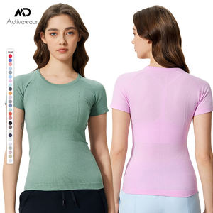 Hot personnalisé femmes Slim Fit à manches courtes Gym t-shirt haut de Yoga col rond séchage rapide sport t-shirts équitation sans couture t-shirt - Product Image 1