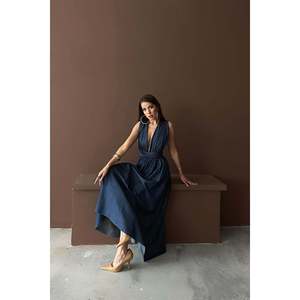 Robe décontractée vintage en Tencel bleu, taille empire, taille unique, doublure, taille unique (XS-XL), pour le jour et l'été, vente en gros - Product Image 2