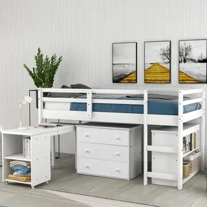 Twin Loft Bed with Bookcase and Drawers Cabinet Children Bunk Bed Kids Bunk Bed Bedroom Furniture