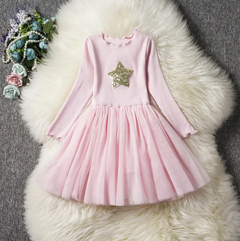 Custom Kids Clothing Princess Pink And Cyan Long Sleeve 2 Layers Tulle Star Sequin Girls Dress