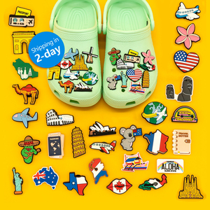 Accesorios de PVC personalizados para <span class=keywords><strong>zuecos</strong></span>, con diseños de monumentos mundiales y fútbol en 2D, divertidos para niños - Product Image 1