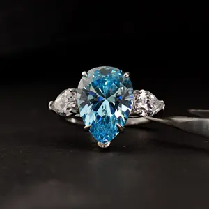 New Sterling Silver 925 Water Drop 10*14 Platinum Plated Three Stones Pear 10 Carat Blue Zircon Diamond Ring Engagement Ring