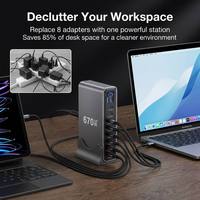 Station de charge de bureau GaN³ 670W avec affichage numérique de la puissance, 6 ports USB-C PD, 2 ports USB-A QC, chargeur Hub PD 140W pour ordinateur portable, PC, téléphone et tablette