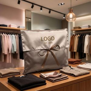 Pochette en satin personnalisée avec logo, sac à poussière avec nœud en ruban, pochette en soie de luxe, emballage cadeau pour vêtements - Product Image 1