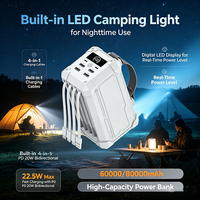 Power Bank Pengisian Cepat 60000/80000mAh 22.5W dengan 4 Kabel Terintegrasi, Lampu Camping LED, dan Output Multi-Port (USB-A + USB-C)