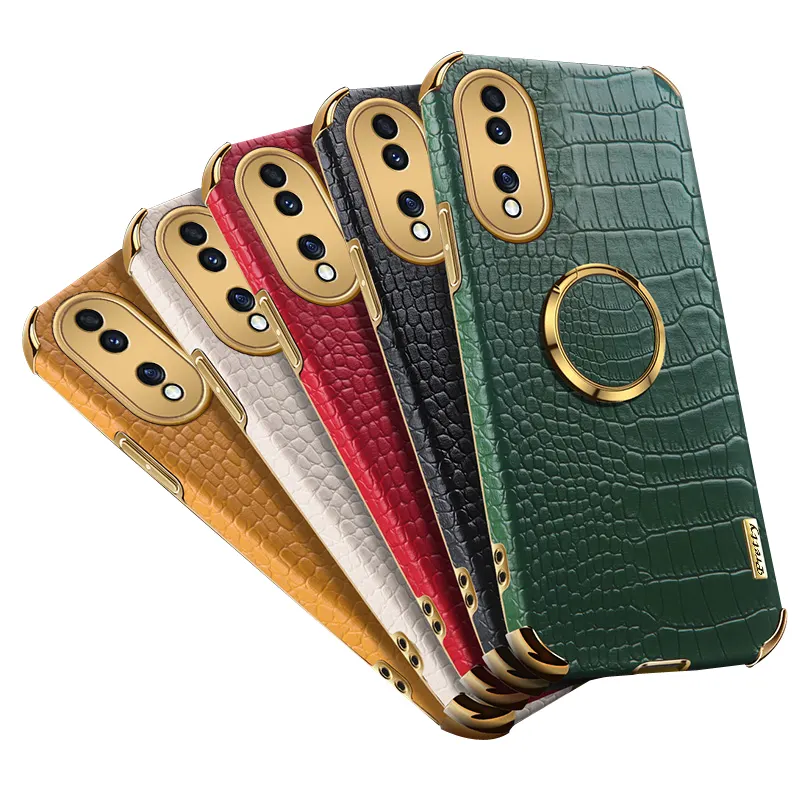 For Honor 70 Pro 60 SE 50 Lite Soft Coque ShockProof Plating Ring Holder Back Cover Luxury Crocodile Texture Leather Phone Case