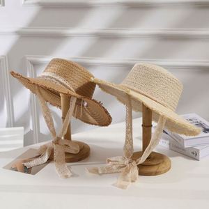 Summer Seaside Vacation Wide-brimmed Burlap Flutter Tie Woven Straw Sun <b>Hat</b> <b>Flat</b> Top Sun Beach Girls Straw <b>Hats</b> for Women - Product Image 1