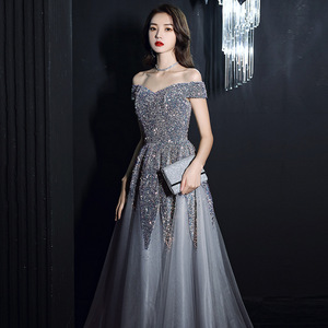 Elegant Gray Off The Shoulder Evening Gown Empire Waist A Line Organza Long Dress For Hosting Student Singing Competition - Product Image 1