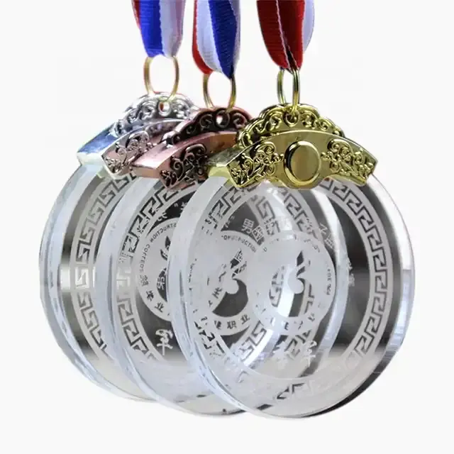 Glass Souvenir Enterprise Award Small Medals Round Crystal Glass Medal Sports Competition Graduation Season Souvenir Metal Medal