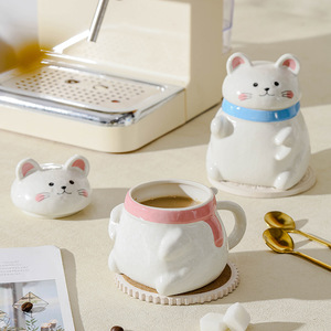 Cat-Themed Ceramic Mug With Lid And Handle Two-Piece <b>Set</b> Cartoon Design For Coffee Or Milk Home Use - Product Image 1