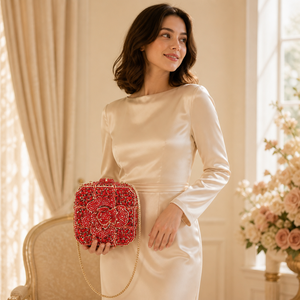 AU01 Bolso de Mano Tipo Clutch Rojo con Cristales para Mujer, Bolso de Noche con Pedrería, Bolso de Mano con Diseño Floral para Bodas, Fiestas y Eventos - Product Image 5