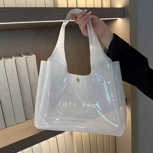 Custom Logo New Promotion White Transparent PVC Shopping Tote Bag Beach Tote Shoulder Bag with Snap Button