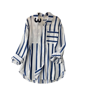 2022 New Long Korean-Style Loose Lapel Blouse <b>Women</b> Vintage All-Match Casual Summer <b>Shirt</b> Front Vertical Stripes Button - Product Image 4