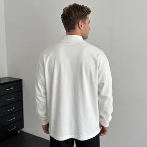 <b>Men's</b> White Stand Collar Long Sleeve Knitted <b>T</b>-<b>Shirt</b> Regular Fit Casual Solid Color Breathable Cotton Jersey made in Bangladesh - Product Image 3