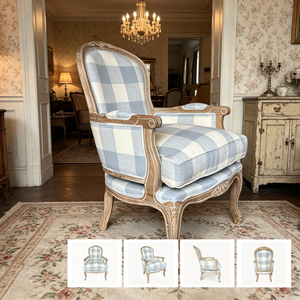 French Modern Accent Chair 2 Back Options Hand-Carved Solid <b>Oak</b> <b>Frame</b> 100% Blue Check Linen Upholstered Armchair Living Room - Product Image 3