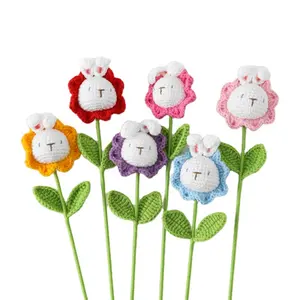 2023 Wool Yarn Crochet lop-eared rabbit Sunflower Stalk bouquet handmade knitting dolls flower bouquet for home Decoration