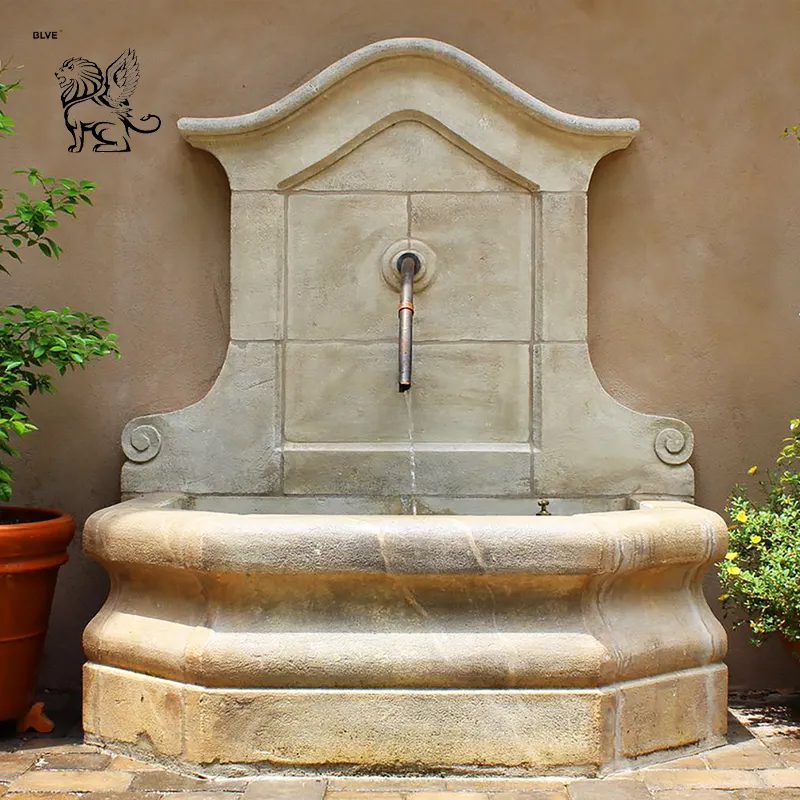 Fuente de pared antigua de mármol tallado a mano cuadrada de jardín al aire libre, MFA-37