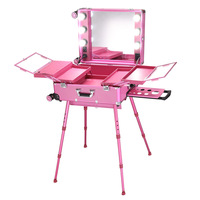 Valise de maquillage professionnelle multifonctionnelle pour salon de beauté avec miroir à LED et pieds rétractables