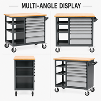 Chariot à outils mobile en acier avec plan de travail en bois, chariot à outils multi-tiroirs avec étagères de rangement ouvertes pour garage et atelier