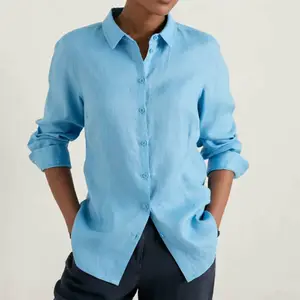 قميص 100% كتان تصميم شعار قابل للتخصيص أكمام كاملة بأزرار كاجوال أزرق قميص كتان للنساء