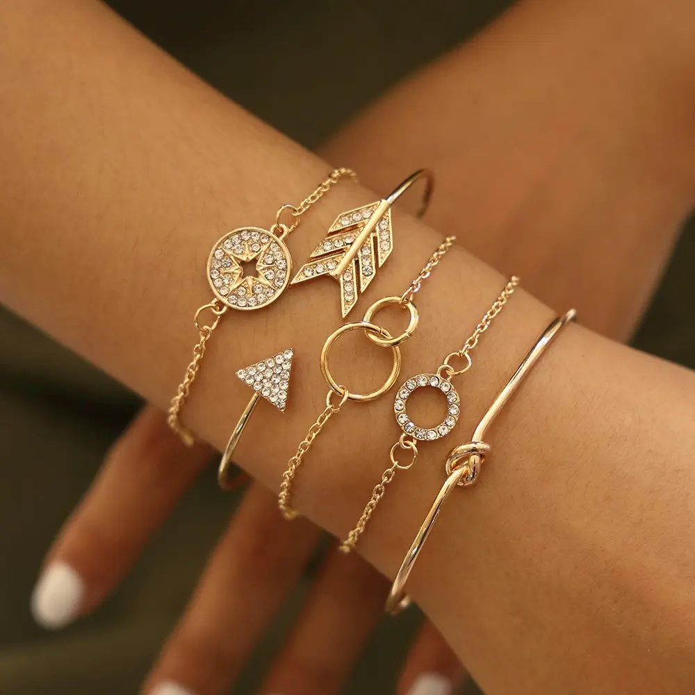Sinlan pulseira de corrente feminina, bracelete de corrente fina amarrada com círculo duplo, 5 pçs/set
