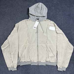 Sweat à capuche zippé pour homme en coton épais, avec logo brodé personnalisé, effet vieilli, coupe oversize et surpiqûres contrastées externes - Product Image 3