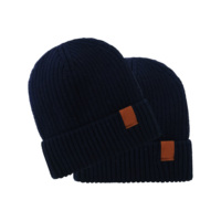 Écusson en cuir personnalisé chaud hiver bleu marine laine Beanie chapeau thermique épais bonnet de neige chapeaux pour hommes femmes