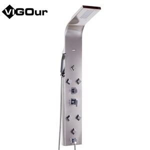 Panneau <span class=keywords><strong>de</strong></span> <span class=keywords><strong>douche</strong></span> mural moderne en acier inoxydable avec pommeau <span class=keywords><strong>de</strong></span> <span class=keywords><strong>douche</strong></span> en céramique réglable à poignée unique, modes <span class=keywords><strong>de</strong></span> pulvérisation pluie et massage, rangement intégré - Product Image 4