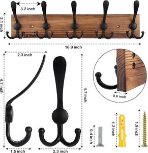 Porte-manteau mural porte-chapeau en bois pour crochets muraux cintre en bois de pin avec 5 crochets triples pour accrocher manteau chapeau veste - Product Image 4