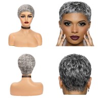 Perruque complète européenne et américaine, style court, gris/cendré, 2 pouces, 100 % cheveux humains pour femmes