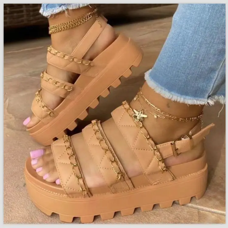 2022 Summer Roman Sandals Open Toe Chain Sandals Outdoor Solid Color Mid Heel Women'S Buckle Plus Size Shoes