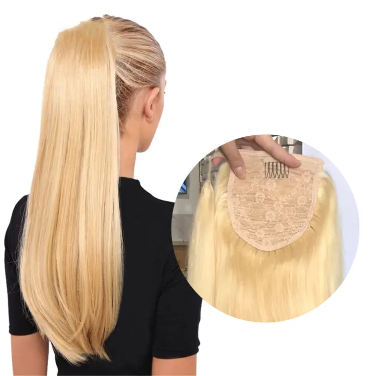 사용자 정의 뜨거운 유럽 교체 시스템 레미 여성 스트레이트 금발 포니 테일 클립 주위에 랩 인간의 머리카락 확장