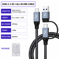Cable de Datos 2 en 1 USB3.2 10/20Gbps USB C/A a Tipo-C ThunderBolt 3, Cable de Carga Rápida PD100W 4K/60Hz