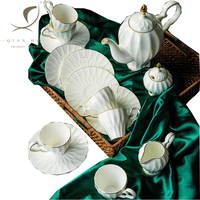 Service à café en porcelaine osseuse QIAN HU American Classic Eco-Friendly 15 pièces avec bordure en or véritable, comprenant une théière, un sucrier, une tasse à lait et une soucoupe, coffret cadeau