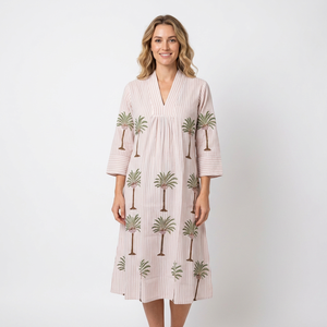 Hermoso Vestido Boho Largo Informal de Algodón para Mujer, Estampado a Mano, Verano, Fruncido, Natural, Transpirable, Lavable, Tallas Grandes - Product Image 1