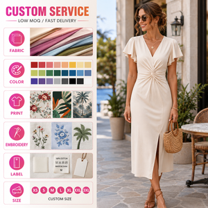 Abito Midi Moderno Crema con Scollo a V e Nodo Frontale, Maniche a Volant, Spacco, per Donna, Abbigliamento Estivo da Resort, Elegante Abito Aderente da Festa, Personalizzabile OEM - Product Image 1