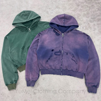 Sweat à capuche zippé vintage Streetwear personnalisé avec logo, en coton épais délavé effet soleil, coupe courte, en molleton bouclette français, effet vieilli, coupe oversize