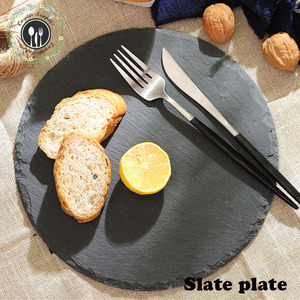 Assiettes de service alimentaire rondes <span class=keywords><strong>en</strong></span> <span class=keywords><strong>ardoise</strong></span> noire, diamètre de 25cm, prix bon marché, produits les plus vendus - Product Image 4