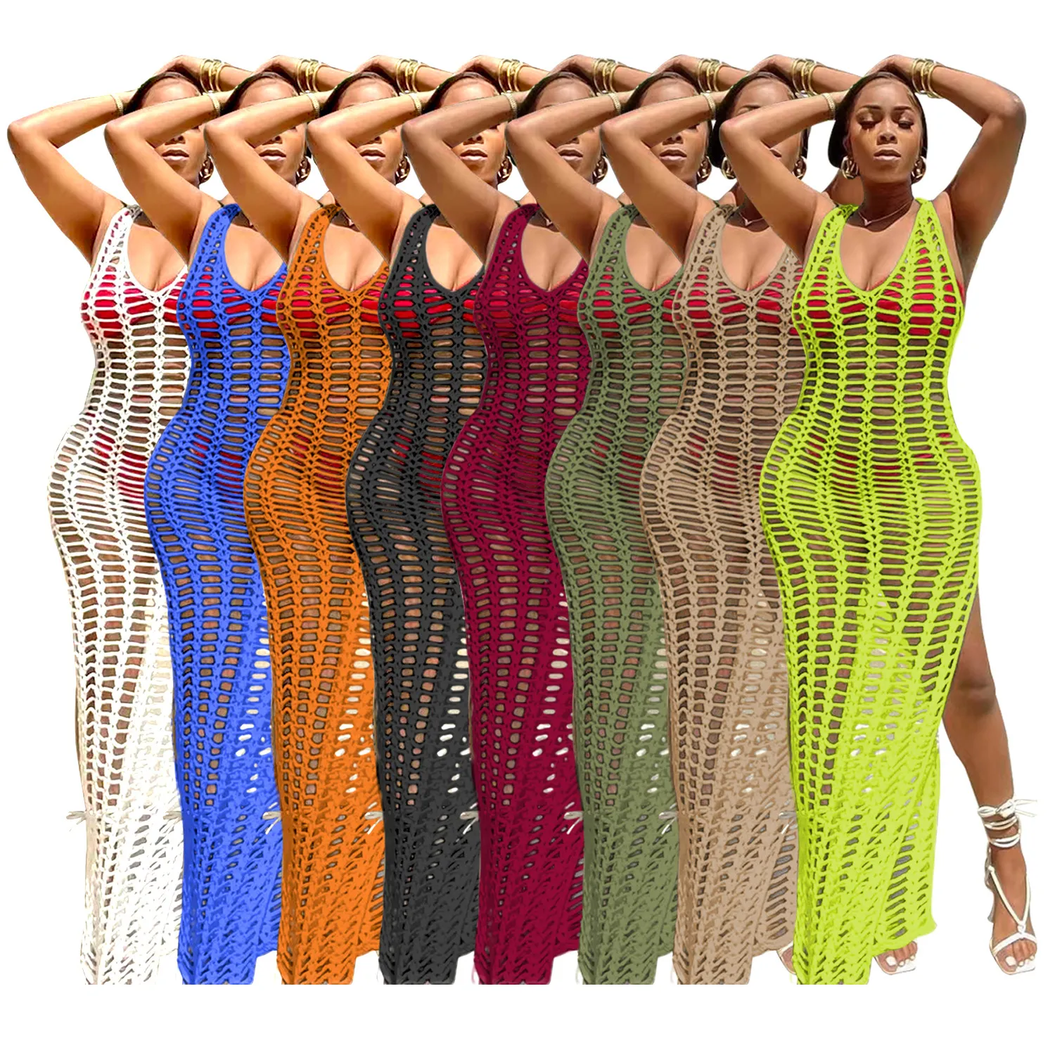 lovely wholesale7 color Swimsuit Cover Up Beach Wear Hand Crochet Hollow Out Maxi Dress Ladies Beach Cover Ups Dress