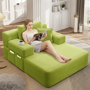 Sofá modular desmontable de varias combinaciones con tiras verticales de tela de pana, bolsillos laterales integrados y relleno de esponja completa. - Product Image 3