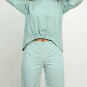 Conjunto de Dos Piezas Casual de Verano para Mujer al por Mayor: Top de Manga Corta con Cuello Redondo y Pantalón de Pierna Ancha con Pliegues Delanteros, Color Liso, Estilo Loungewear - Product Image 5