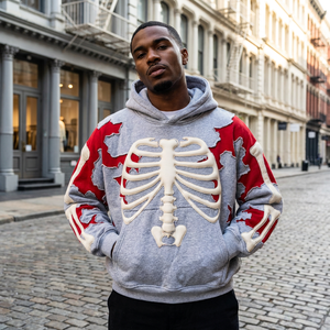 Felpa con Cappuccio Invernale da Uomo Personalizzata, 400 Grammi, Nuovo Stile, Cotone Oversize, Effetto Invecchiato, Ricamo Scheletro, Patchwork, Streetwear - Product Image 3